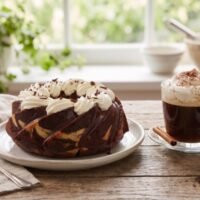 Best whipped cream brand piped on a chocolate marble bundt cake, served with a glass of whipped coffee, cinnamon sticks and vanilla beans on a wooden table