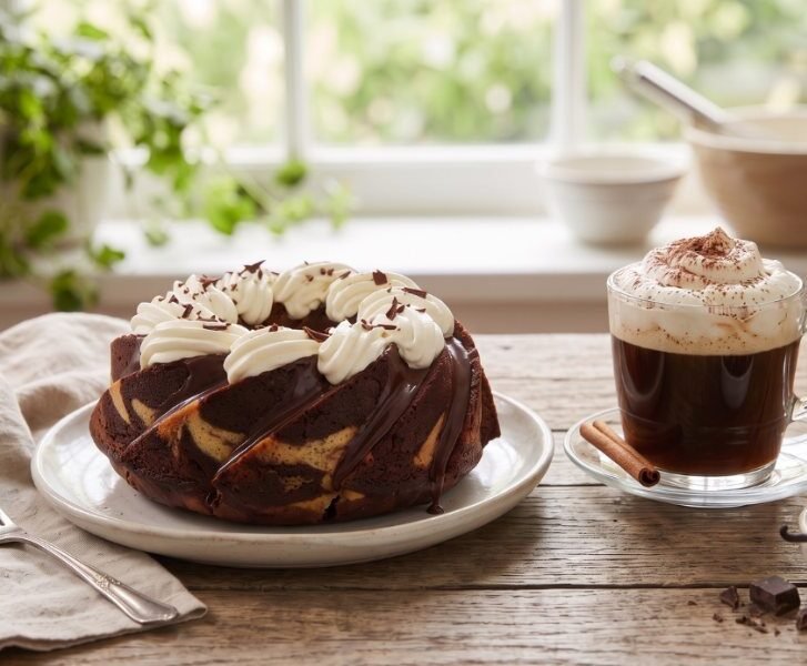 Best whipped cream brand piped on a chocolate marble bundt cake, served with a glass of whipped coffee, cinnamon sticks and vanilla beans on a wooden table