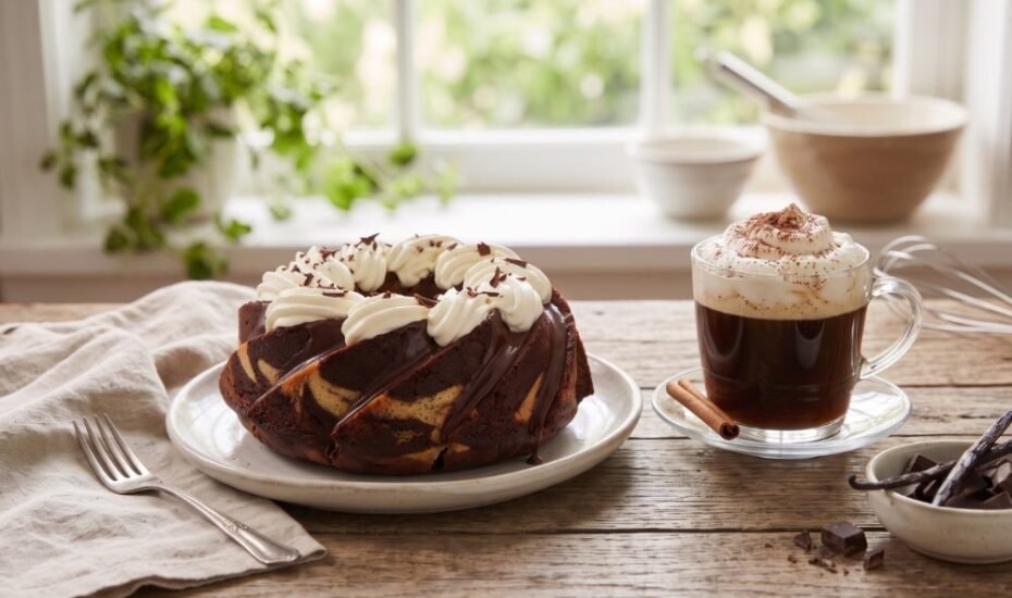 Best whipped cream brand piped on a chocolate marble bundt cake, served with a glass of whipped coffee, cinnamon sticks and vanilla beans on a wooden table