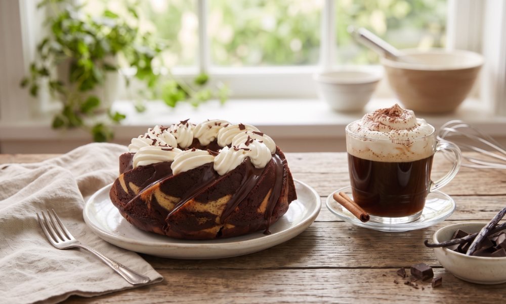 Best whipped cream brand piped on a chocolate marble bundt cake, served with a glass of whipped coffee, cinnamon sticks and vanilla beans on a wooden table