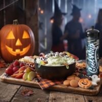 Cool Whip Cream Halloween dip board with a black bowl of green dip topped with candy eyeballs and gummy worms beside fruit and cookies